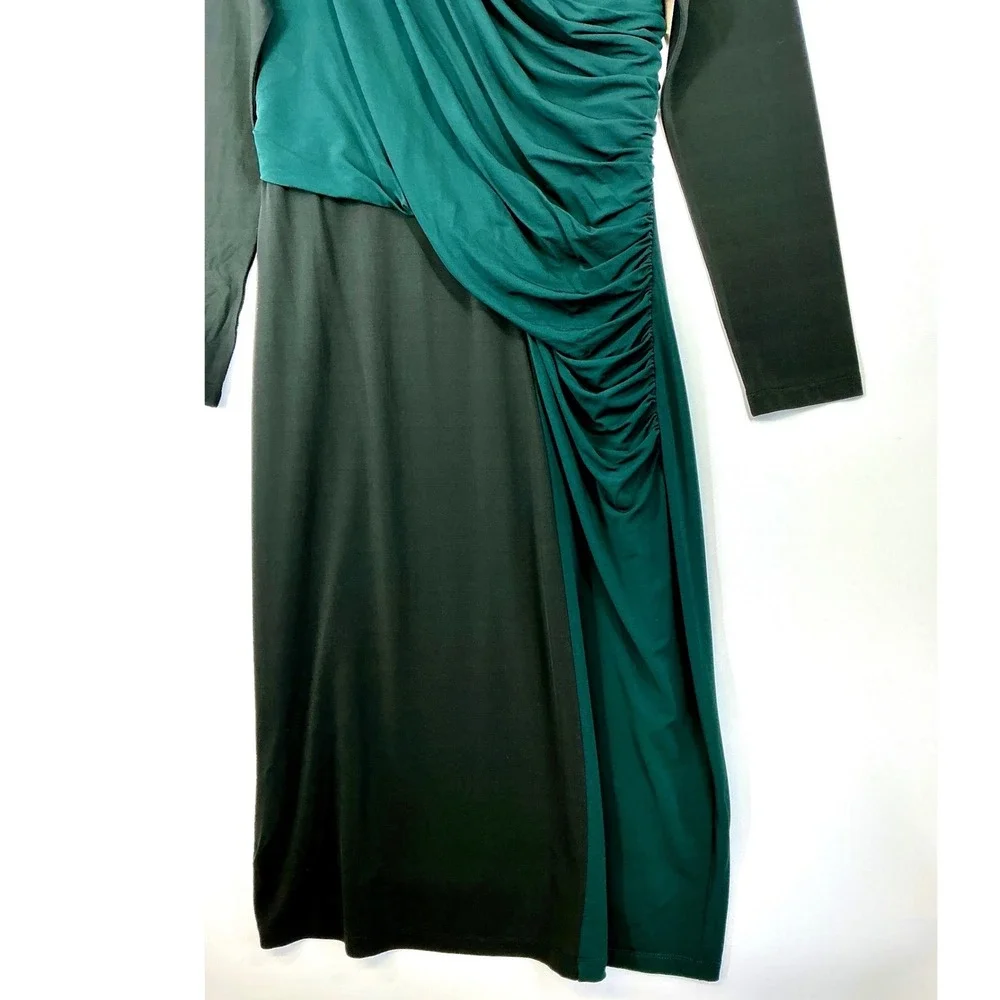 Hugo Boss Eretha Black Green Colorblock Dress Sz XL Ruched Long Sleeve Cocktail - Picture 3 of 14